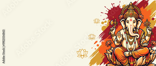 Ganesha Elephant Head God Sitting Lotus Ornate Hindu Festival Spiritual