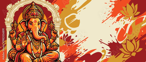 Ganesha Elephant Head Lotus Accents Ornate Ornaments Vector Illustration for Celebration Designs