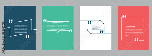 Collection of four quote box templates with white speech marks on solid blue green white and red backgrounds for messages