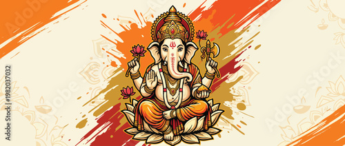 Ganesha Elephant Head Sitting on Lotus with Ornate Background for Celebrations