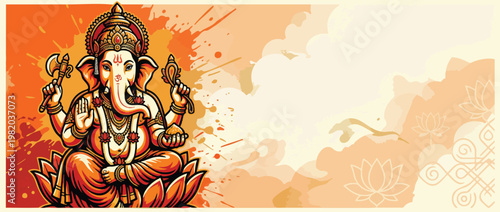 Ganesha Elephant Head Sitting on Lotus with Ornate Traditional Indian Ornaments