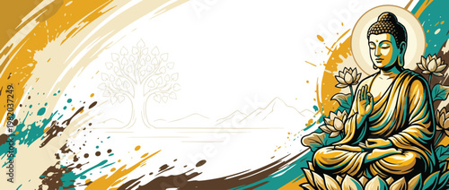 Gautama Buddha Meditating with Lotus Flowers and Bodhi Tree Background