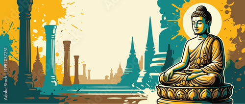 Gautama Buddha Meditating with Lotus Details Serene Posture Soft Halo Illustration