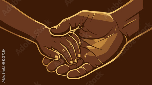 A close-up of an adult's hand gently holding a child's hand, symbolizing care and connection