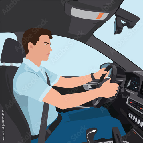 A man driving a car with a focused expression in a modern vehicle