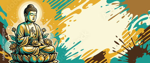 Gautama Buddha Meditating with Lotus Flowers in Serene Peaceful Posture