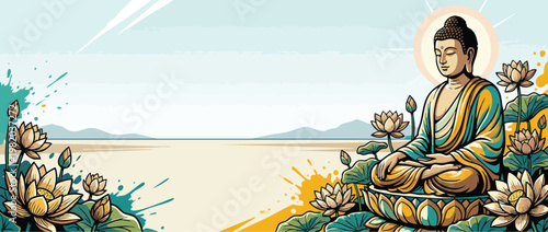 Gautama Buddha Meditation with Lotus Flowers Serene Posture Religious Harmony