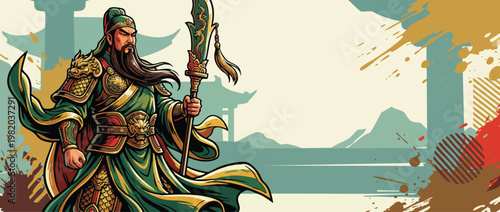 Guan Yu Figure with Ceremonial Blade and Flowing Robes Noble Warrior Illustration