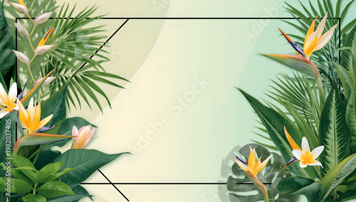 Tropical Floral Frame With Bird Of Paradise Flowers And Lush Green Leaves