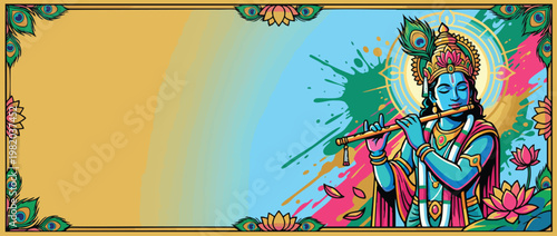 Krishna Figure Playing Flute with Peacock Feathers and Lotus Accents