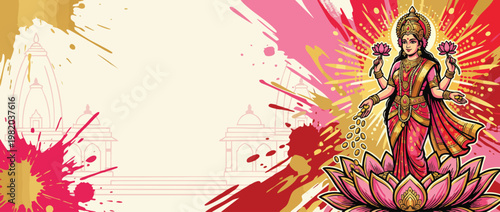 Lakshmi Goddess on Lotus with Gold Accents and Paint Splatter Background