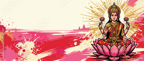 Lakshmi Goddess on Lotus with Elegant Ornaments and Golden Accents