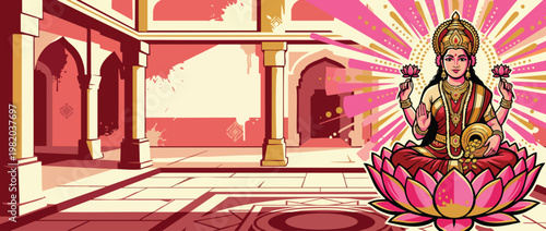 Lakshmi Goddess on Pink Lotus in Temple for Traditional Worship and Celebrations