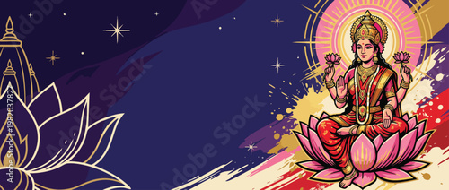 Lakshmi Sitting on Lotus with Gold Accents Divine Illustration Artwork for Festivals