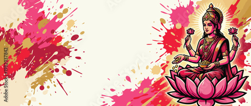 Lakshmi Sitting on Lotus with Gold Coin Offerings and Splatter Background