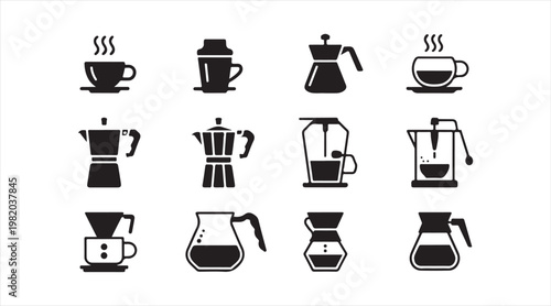 Collection of coffee preparation tools in simple silhouette design