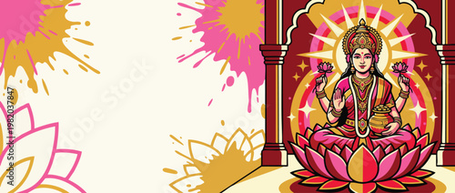 Lakshmi Sitting on Lotus with Gold Bowl and Ornate Background