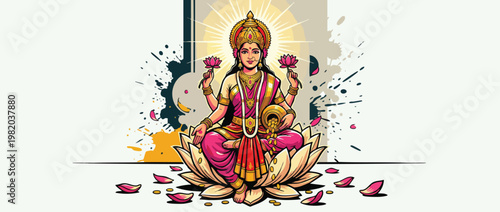 Lakshmi Sitting on Lotus with Gold Coins and Petals Traditional Indian Art