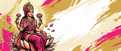 Lakshmi Sitting on Lotus with Petals Accents and Bright Background