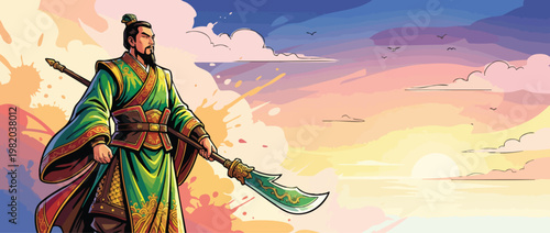 Noble Chinese Warrior with Ceremonial Blade in Flowing Robes Stands Heroic at Sunset