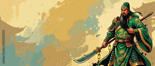 Noble Chinese Warrior with Ceremonial Blade in Green Robes and Historical Setting