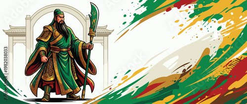 Noble Guan Yu Figure with Ceremonial Blade and Flowing Robes Banner Graphic