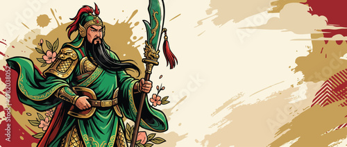 Noble Guan Yu Figure with Ceremonial Blade and Flowing Robes on Grunge Background for Design