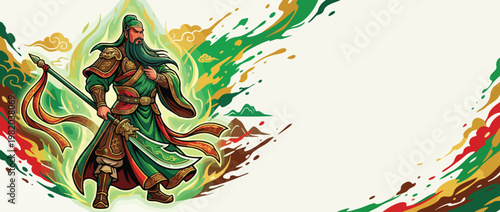 Noble Guan Yu Warrior with Ceremonial Blade and Flowing Robes Banner