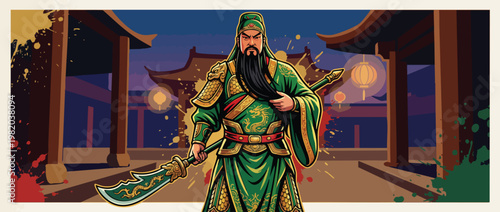 Noble Warrior Guan Yu Figure with Ceremonial Blade in Flowing Robes
