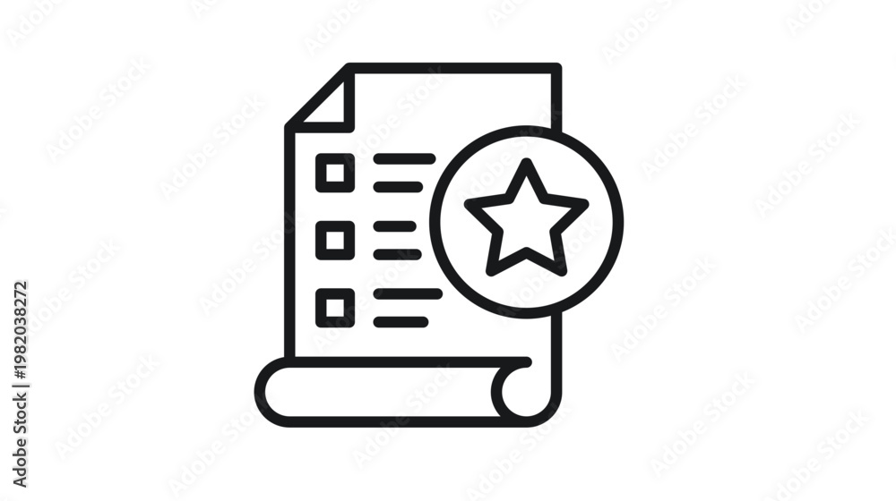 Αυτοκόλλητο Minimalist black line vector icon illustration of a document with a checklist and a star symbol, representing quality reports, favorite lists, top ratings, and successful business achievement