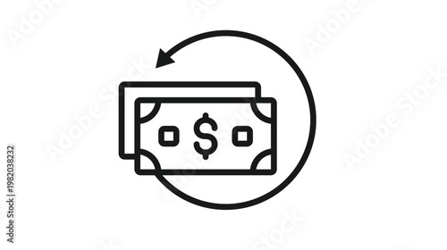 Cashback and refund vector icon illustration featuring dollar banknotes with a circular return arrow symbol, representing money back guarantee, financial transaction, and payment reversal.