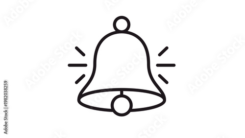 Black line art vector icon of a ringing bell with motion lines, symbol for notification, alert, alarm, or school bell, minimalist graphic illustration isolated on a white background.