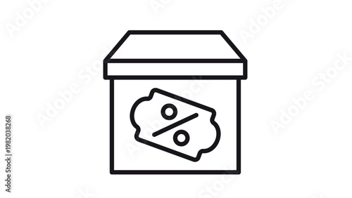 Black Line Vector Icon Illustration of a Cardboard Shipping Box with a Discount Coupon and Percentage Symbol, Representing E-commerce Sales, Promotional Offers, and Delivery Packages.