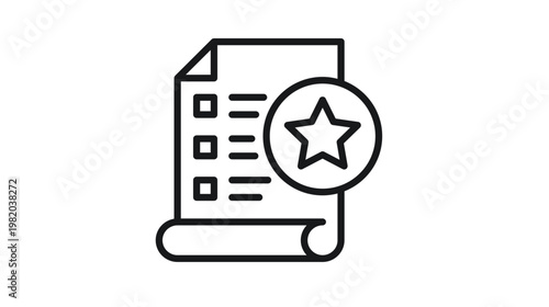 Minimalist black line vector icon illustration of a document with a checklist and a star symbol, representing quality reports, favorite lists, top ratings, and successful business achievement.
