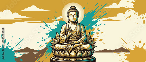 Respectful Gautama Buddha Figure Illustration with Lotus Details and Serene Posture
