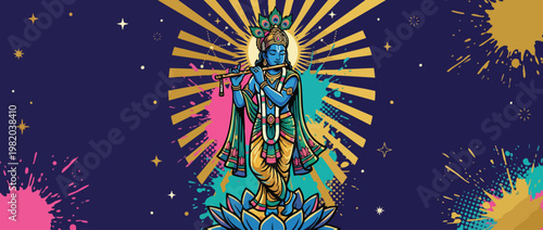 Respectful Krishna Figure with Blue Skin Flute Peacock Feather Accents Lotus Background