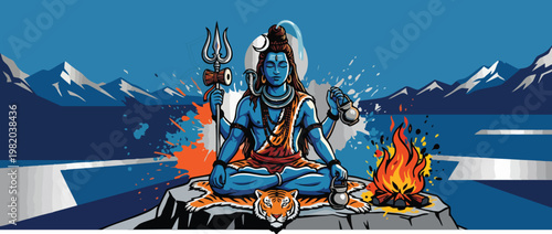 Respectful Shiva Figure with Trident and Crescent Moon in Meditation by Sacred Fire