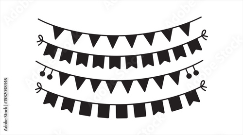 Black and white celebration garland with bunting and string lights
