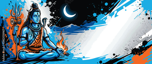 Respectful Shiva Figure with Trident and Crescent Moon in Meditative Pose