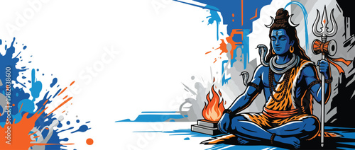 Shiva Figure Meditating with Trident Crescent Moon and Sacred Fire Accents