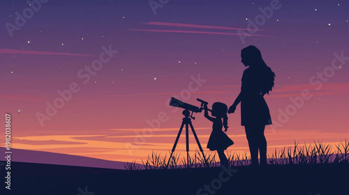 Silhouette of a mother and daughter observing the stars at dusk looking through a telescope
