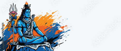 Shiva Illustration with Trident Crescent Moon Sacred Fire Accents Meditating for Spiritual Design