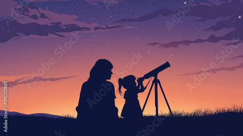 Silhouette of a mother and daughter observing the stars at dusk looking through a telescope