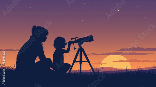 Silhouette of a mother and daughter observing the stars at dusk looking through a telescope