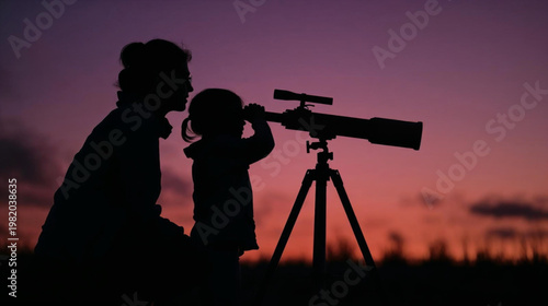 Silhouette of a mother and daughter observing the stars at dusk looking through a telescope