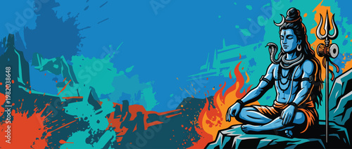 Shiva Meditating with Trident and Sacred Fire Illustration Banner