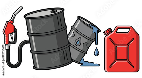 Leaking oil barrels with gas pump and red canister in industrial accident with dark colors and dramatic lighting for environmental disaster