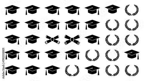 Graduation Cap, Diploma, and Laurel Wreath Icons Set