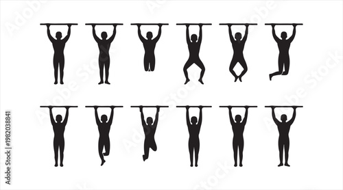 Silhouette set of people performing pull up bar exercises in different poses