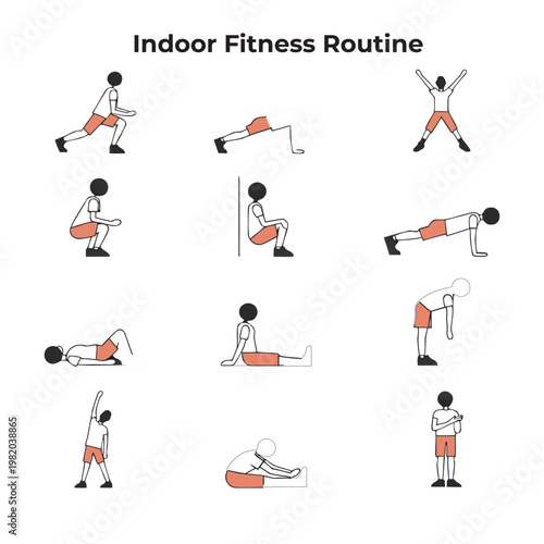 Minimal Outline Icon Set of Bodyweight Exercises, Stretching and Indoor Fitness Routine